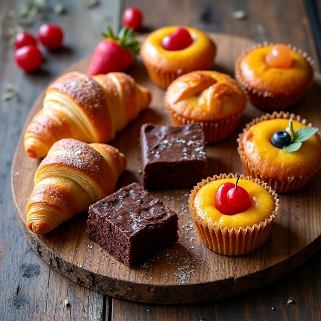 An assortment of freshly baked pastries on a wooden board