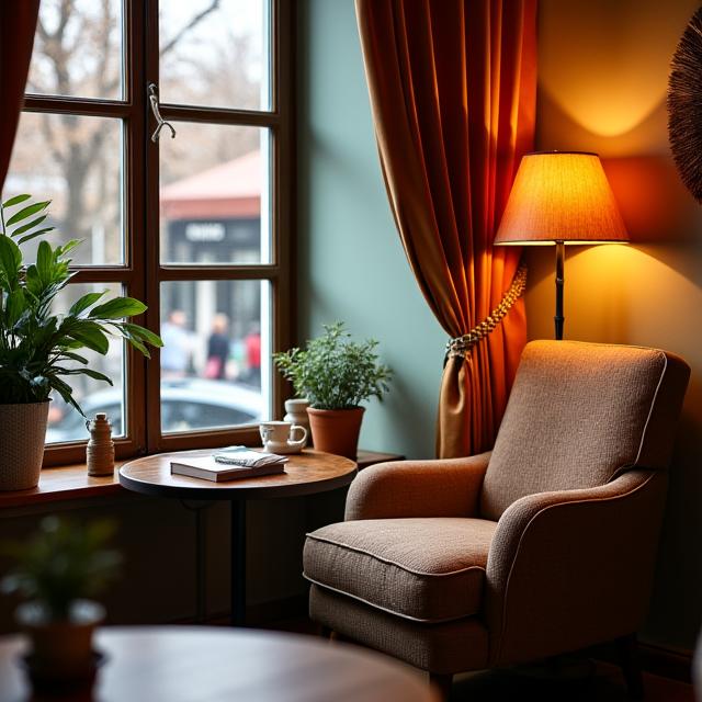 A cozy corner of the cafe with comfortable seating