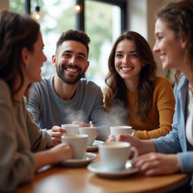 Happy customers enjoying coffee at a table