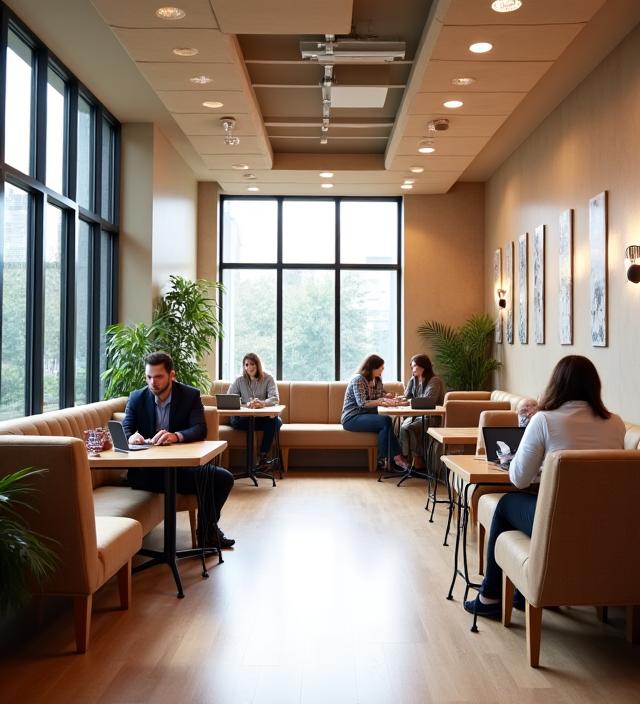 A bright and spacious cafe interior, perfect for focused work.